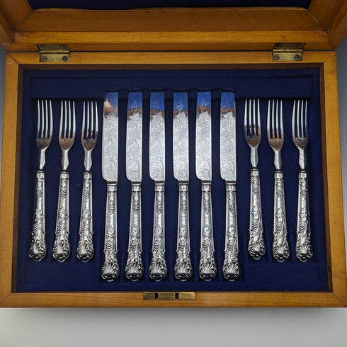 1838 British Antique Sterling Silver Handle Cutlery 6 Pair Set Boxed Charles Needham
